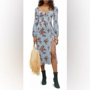 Reformation Shelby Floral Midi Dress in Light Blue with Pink Blooms